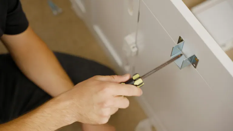 A screwdriver being used to fit a metal bracket to a furniture panel.