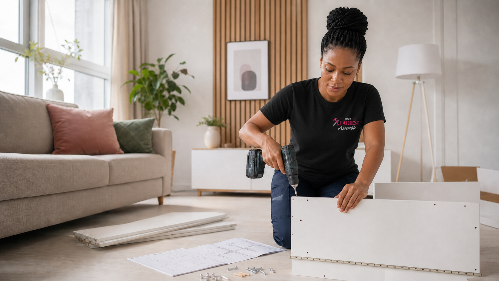 A professional assembler using a cordless drill to build flat-pack furniture in a bright living room.